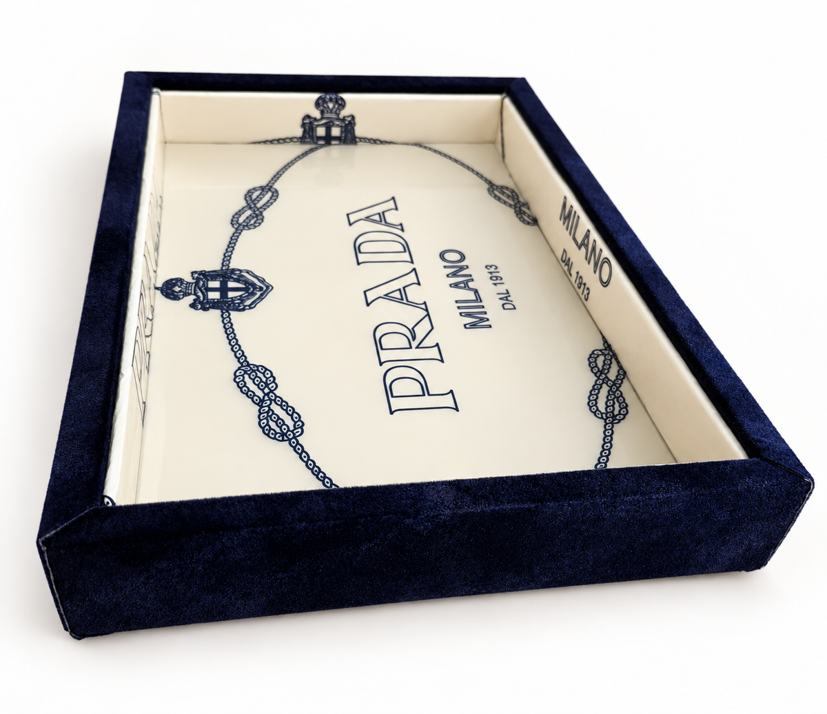 Navy Velvet Decorative Tray with Cream & Blue Interior | Handmade Catchall