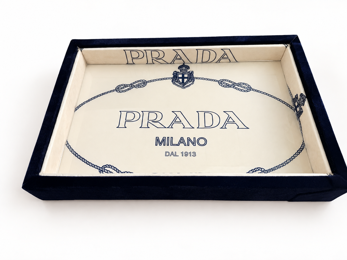 Navy Velvet Decorative Tray with Cream & Blue Interior | Handmade Catchall