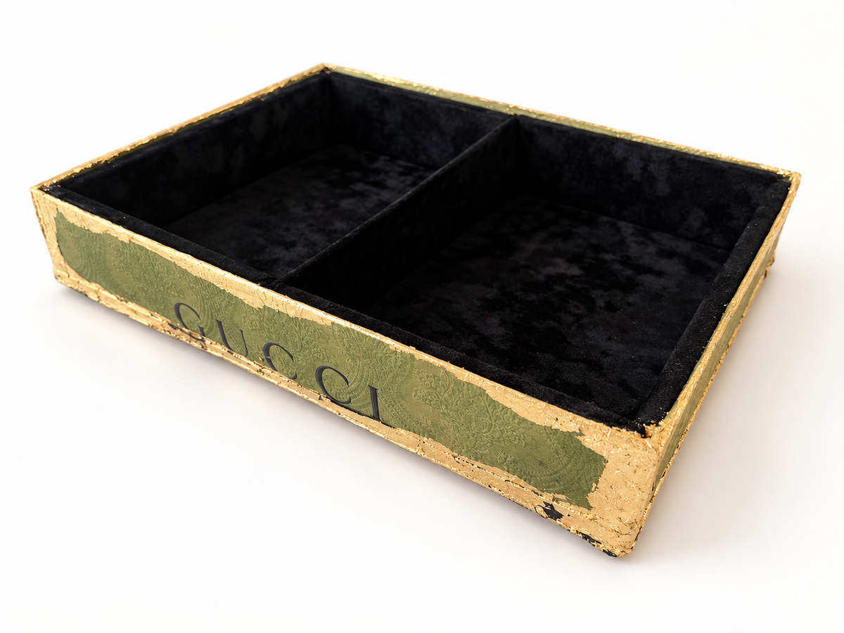 Olive Green & Gold Divided Luxury Catchall Tray | Black Velvet Interior