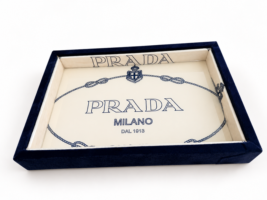 Navy Velvet Decorative Tray with Cream & Blue Interior | Handmade Catchall