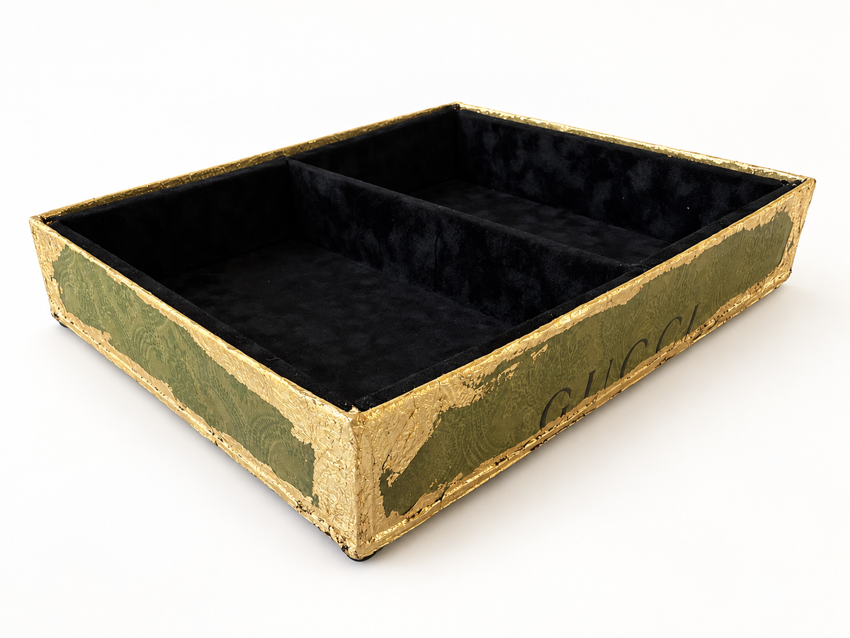 Olive Green & Gold Divided Luxury Catchall Tray | Black Velvet Interior