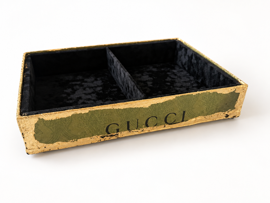 Olive Green & Gold Divided Luxury Catchall Tray | Black Velvet Interior