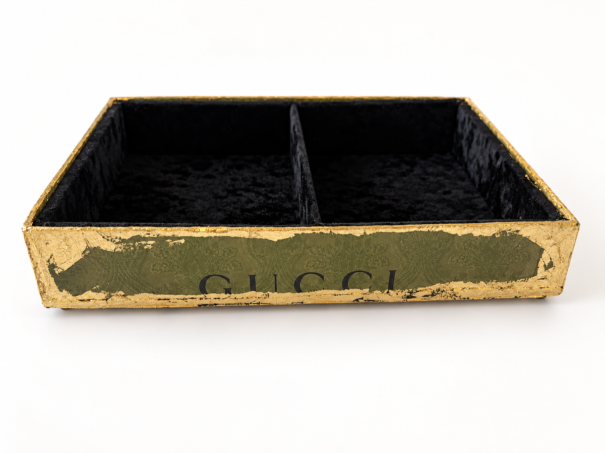 Olive Green & Gold Divided Luxury Catchall Tray | Black Velvet Interior